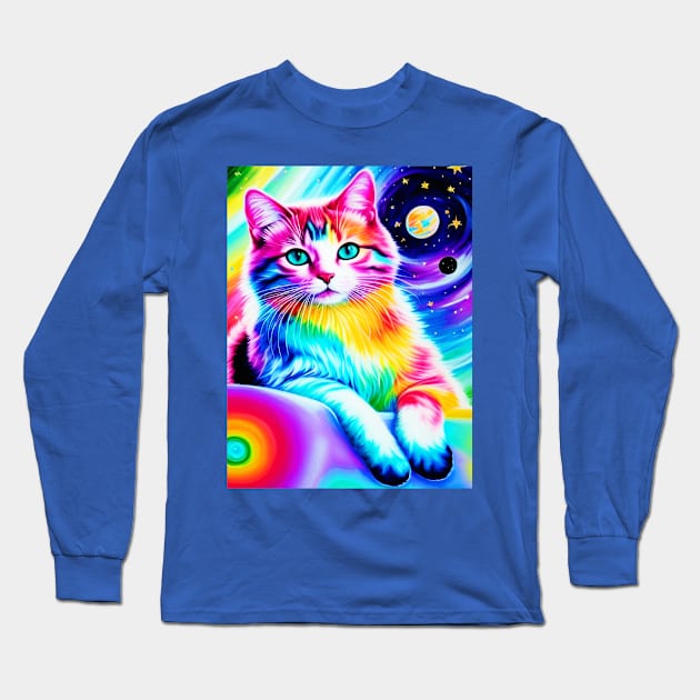 Colorful Cosmic Anime Cat Long Sleeve T-Shirt by MONLart